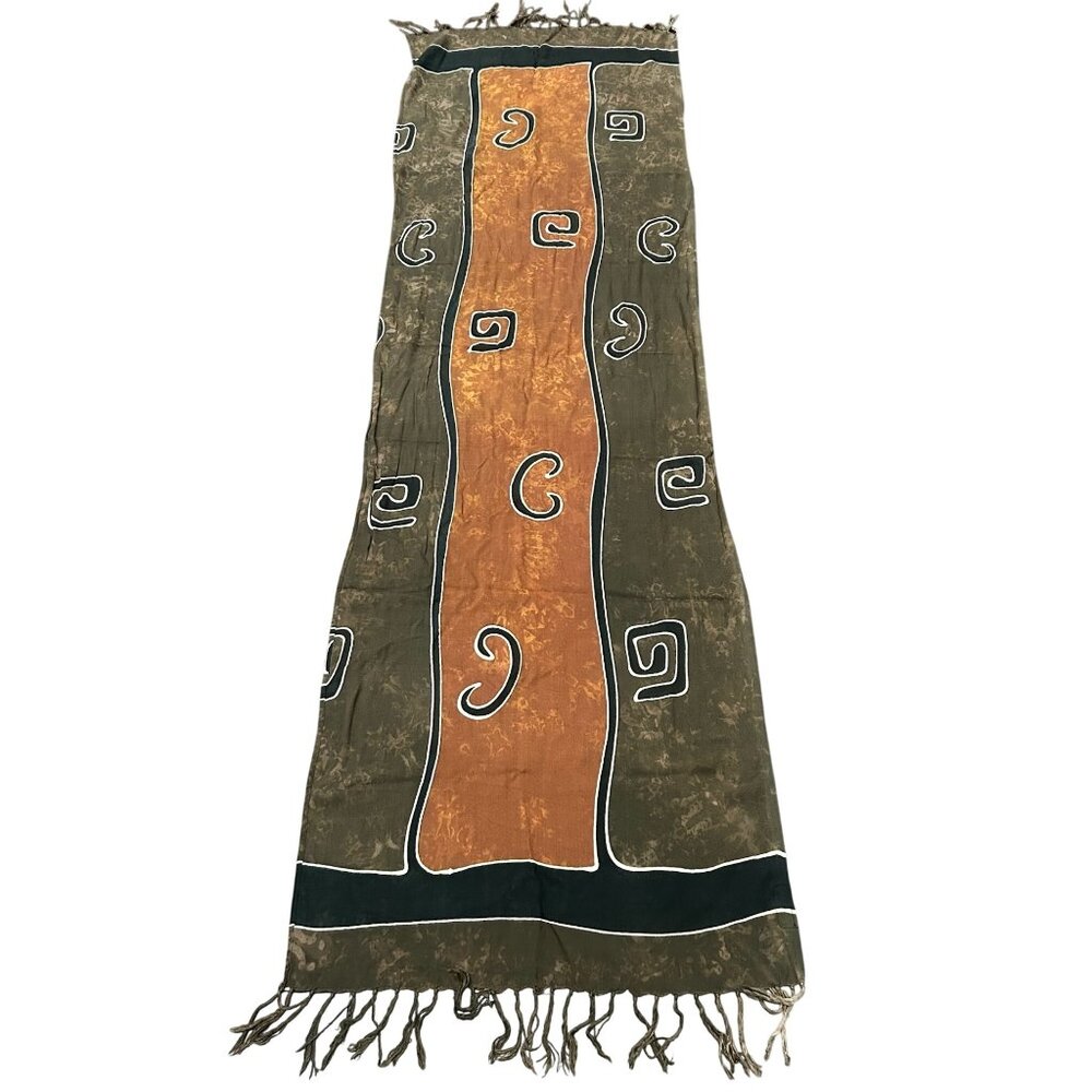 Handmade Blue Hand Rayon Scarf Brown Green Batik Pattern From Bali Indonesia - Picture 3 of 8